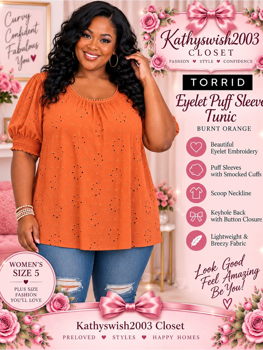 torrid Burnt Orange Eyelet Puff Sleeve Tunic